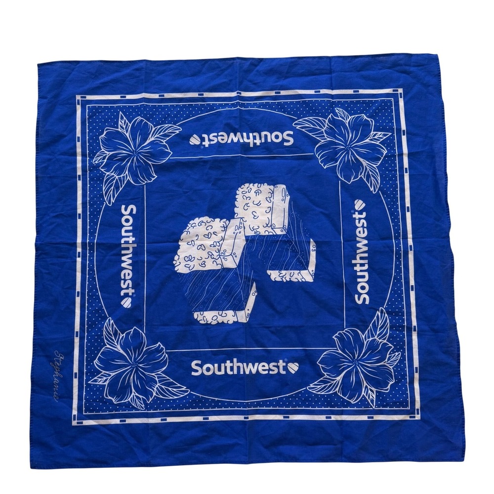 Southwest Airlines Women Floral Print Bandana OS Blue Cotton Blend Scarf Costume